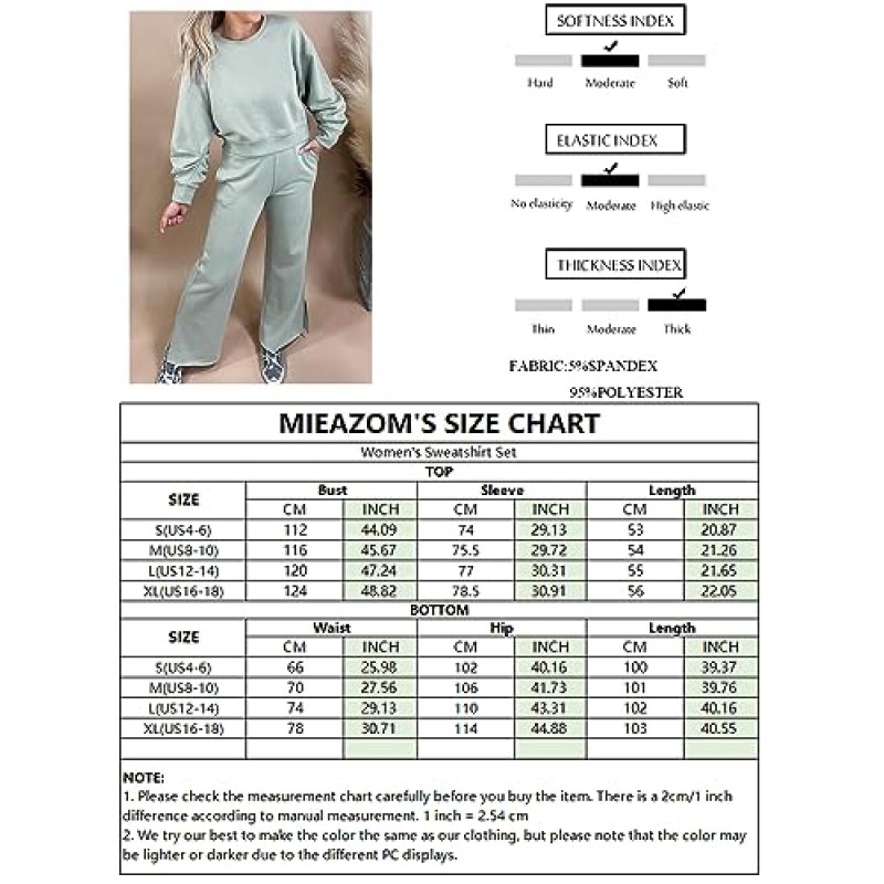 Mieazom 여성용 투피스 의상 스웨트 슈트 긴 소매 크루 넥 풀오버 스웨트 셔츠 (와이드 레그 팬츠 스웨터 세트 포함)