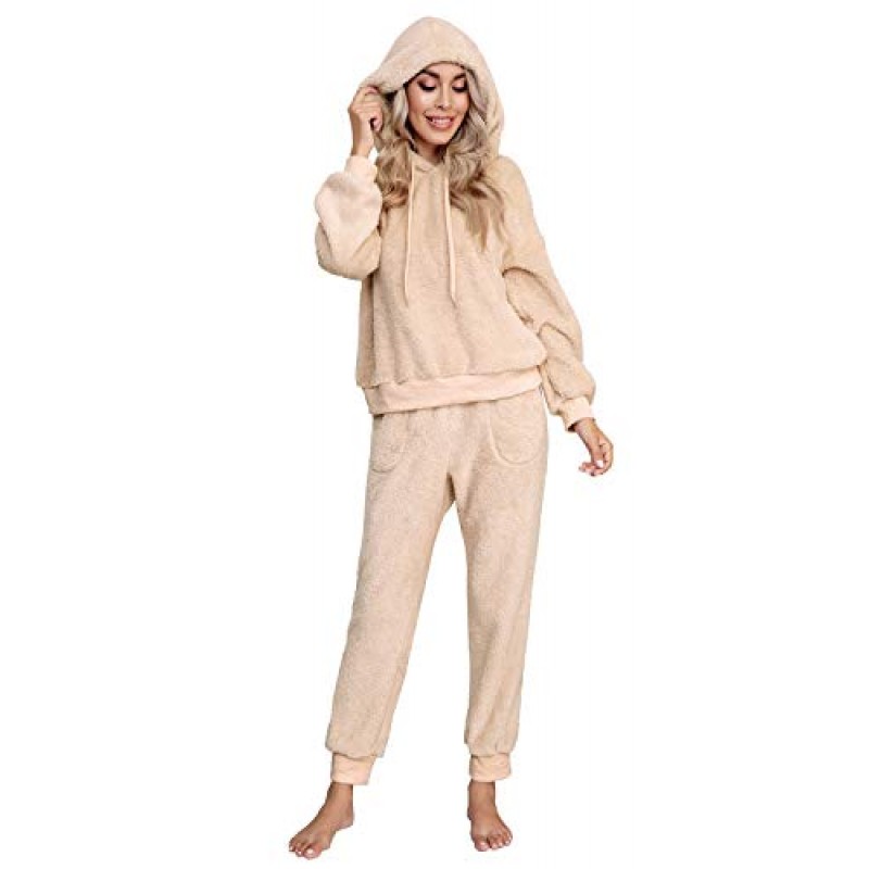 SIAEAMRG Womens 퍼지 셰르파 양털 잠옷 세트, 긴 소매 후드 파자마 바지 2 피스 의상 Loungewear Sleepwear