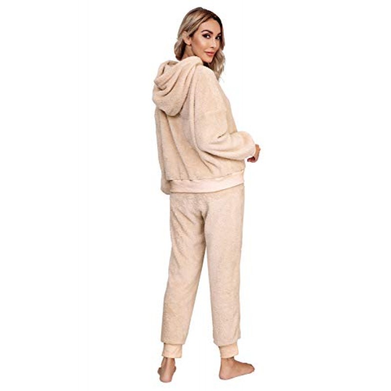 SIAEAMRG Womens 퍼지 셰르파 양털 잠옷 세트, 긴 소매 후드 파자마 바지 2 피스 의상 Loungewear Sleepwear