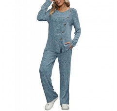 XIEERDUO 여성용 2 피스 의상 2023 스웨터 니트 라운지 잠옷 세트 버튼이 있는 긴 소매 사이드 탑과 와이드 레그 팬츠