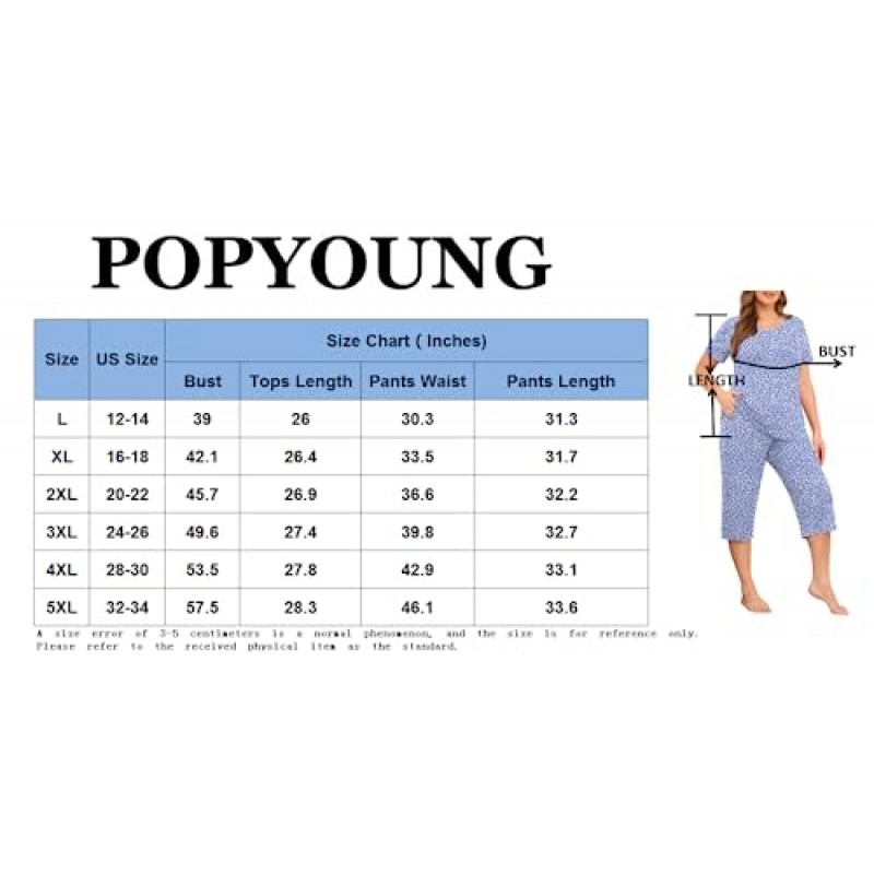 POPYOUNG 2023 플러스 사이즈 반팔 튜닉 탑 여성용 잠옷 세트 (편안한 카프리 바지 포함) 주머니가있는 잠옷 Pjs 세트