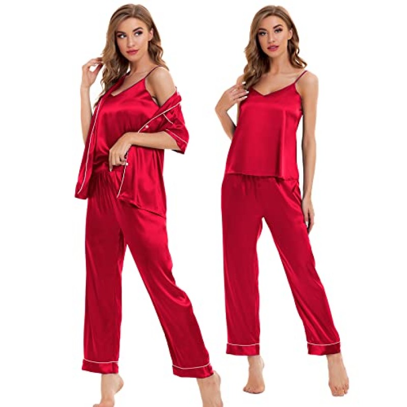 SWOMOG Womens 4pcs 잠옷 세트 실크 새틴 잠옷 섹시한 캐미 버튼 다운 짧은 소매 셔츠 Pjs Loungewear