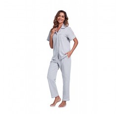 COLORFULLEAF 여성용 100% 코튼 파자마 세트 여름 버튼 다운 짧은 소매 셔츠와 긴 바지 잠옷 소프트 라운지 세트
