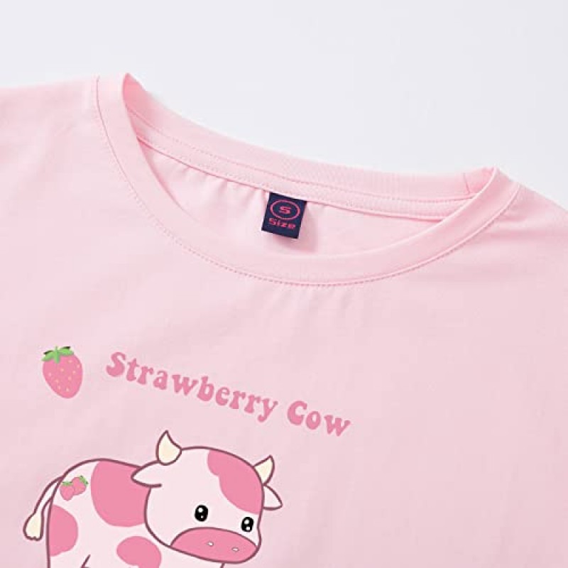 KEEVICI Womens 귀여운 딸기 암소 반팔 자르기 티 & 반바지 잠옷 세트 Kawaii Print 2 Piece Sleepwear Cotton Pj Set