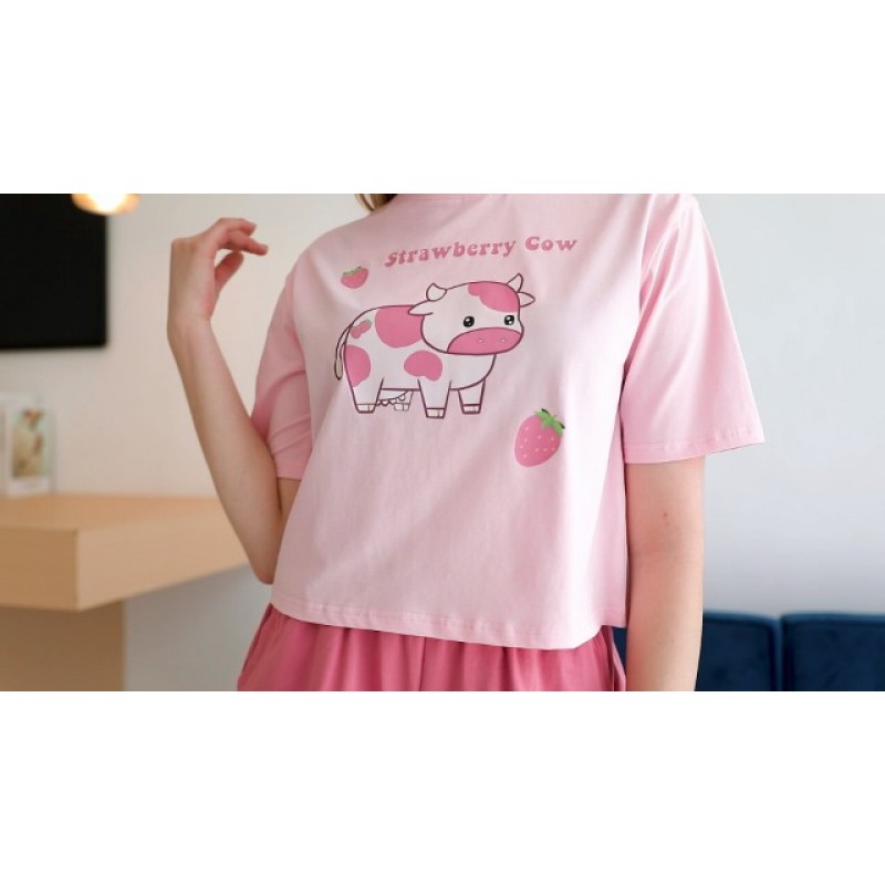KEEVICI Womens 귀여운 딸기 암소 반팔 자르기 티 & 반바지 잠옷 세트 Kawaii Print 2 Piece Sleepwear Cotton Pj Set