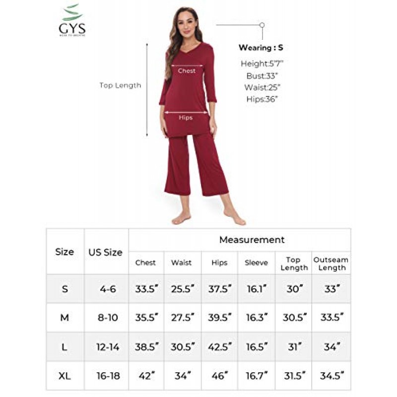 GYS 여성용 대나무 잠옷 세트 3/4 긴 소매 잠옷 탑과 카프리 바지 Soft Nightwear Comfy PJs 캐주얼 라운지 세트