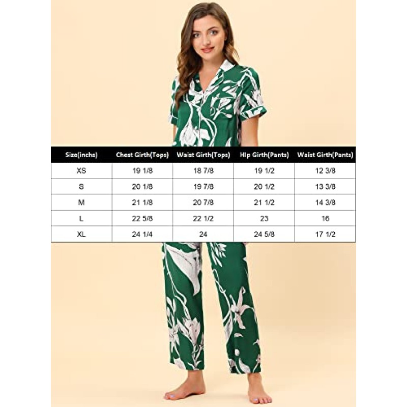 Cheibear Womens Sleepwear 새틴 반팔 바지 여름 꽃 라운지 잠옷 세트