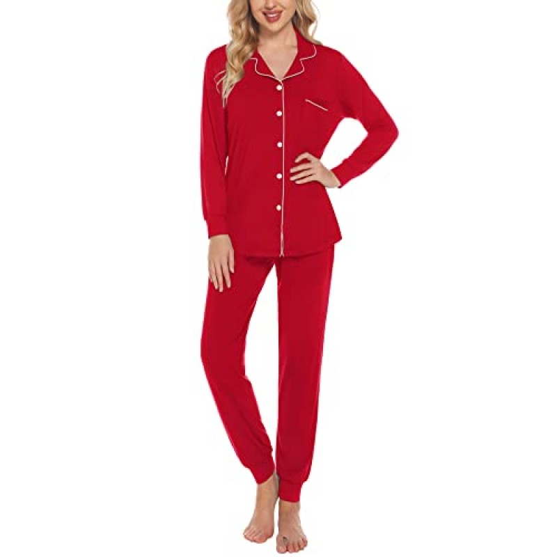 SWOMOG Womens Pajamas 세트 긴 소매 잠옷 버튼 다운 Nightwear Soft Joggers PJ 세트 포켓 라운지 세트