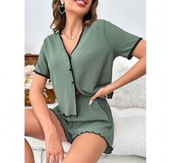 SHENHE 여성용 2피스 라운지 세트 버튼 프론트 양상추 트림 반소매 V 넥 티셔츠 및 반바지