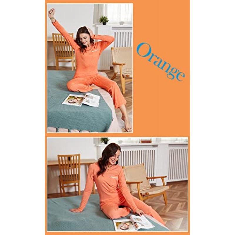 difficort 여성 파자마 세트 긴 소매 캐주얼 수면 라운지 잠옷 포켓, 오렌지, X-대형