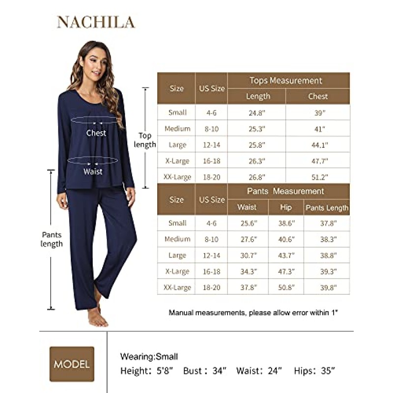 NACHILA 여성용 대나무 잠옷 긴 소매 잠옷 세트 소프트 Pj Loungewear 바지 세트 S-XXL