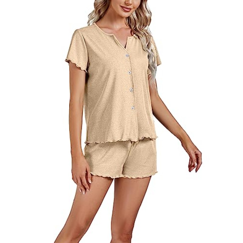 OPOIPIN 여성용 버튼 다운 잠옷 늑골이있는 니트 V 넥 티셔츠 (반바지 포함) Sleepwear Nightwear Pjs Set
