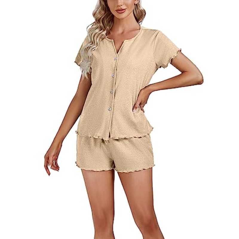 OPOIPIN 여성용 버튼 다운 잠옷 늑골이있는 니트 V 넥 티셔츠 (반바지 포함) Sleepwear Nightwear Pjs Set