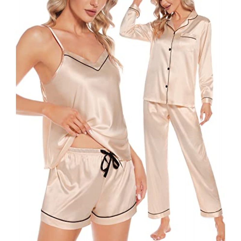 SWOMOG Womens 4pcs 잠옷 세트 실크 새틴 긴 소매 잠옷 섹시한 캐미 반바지 세트 버튼 다운 Nightwear Soft Lounge Set