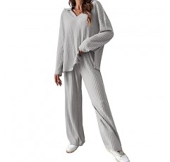 Fisoew 여성 파자마 세트 V 넥 긴 소매 잠옷 및 긴 바지 2 피스 라운지웨어 솔리드 Pjs