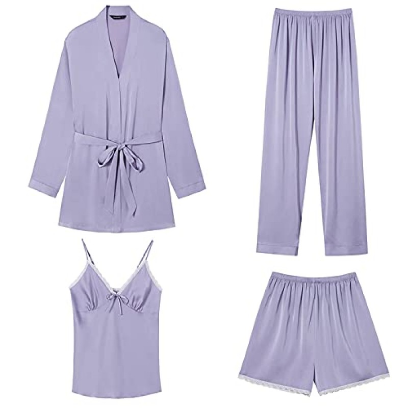 Arwser 여성용 실크 새틴 잠옷 세트 4 Pcs 잠옷 Cami Top Pjs with Shorts and Robe