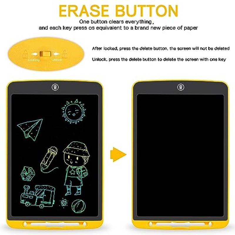 어린이를 위한 LCD 쓰기 태블릿, 12인치 다채로운 교육용 그리기 태블릿, 지울 수 있는 재사용 가능한 전자 쓰기 보드, 유아 낙서 보드, 3-8세 소년 소녀를 위한 학습 장난감 선물(노란색)