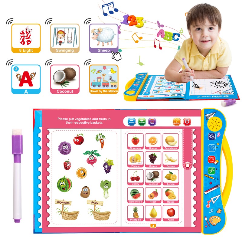 Qizebaby Kids ABC 사운드 북, 드로잉 펜, 알파벳, 숫자, 동물, 음악, 남아 여아 2 3 4 5세 이상을 위한 취학 전 교육 장난감을 갖춘 유아를 위한 대화형 전자 학습 이야기 책