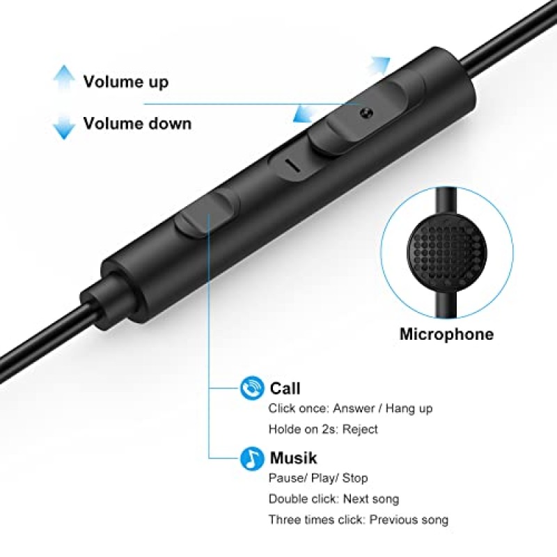 마이크 및 볼륨 조절 기능이 있는 1Mii 유선 이어버드, 깊은 저음이 포함된 자기 이어폰 헤드폰, 소음 차단, 전화, Android, PC, iPad, MP3용 3.5mm 잭이 있는 고음질 이어폰(검은색)