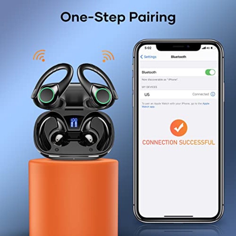 Osdfono 무선 이어버드 Bluetooth 5.2 헤드폰, 무선 충전 케이스가 있는 무선 이어폰 오버 이어 이어후크 방수 이어폰 이어버드 iPhone용 마이크 내장 안드로이드 스포츠 러닝 운동