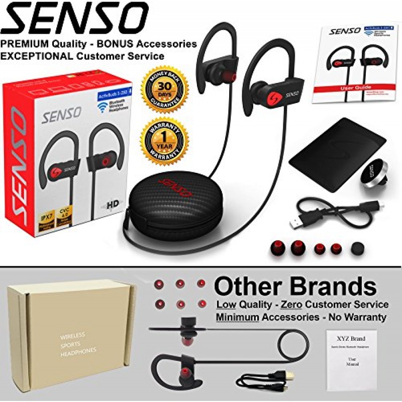 Senso Bluetooth 헤드폰, 최고의 무선 스포츠 이어버드(마이크 포함) IPX7 방수 HD 스테레오 땀 방지 이어폰(체육관 달리기 운동용) 소음 차단 이어폰 이어버드 소음 차단 헤드셋