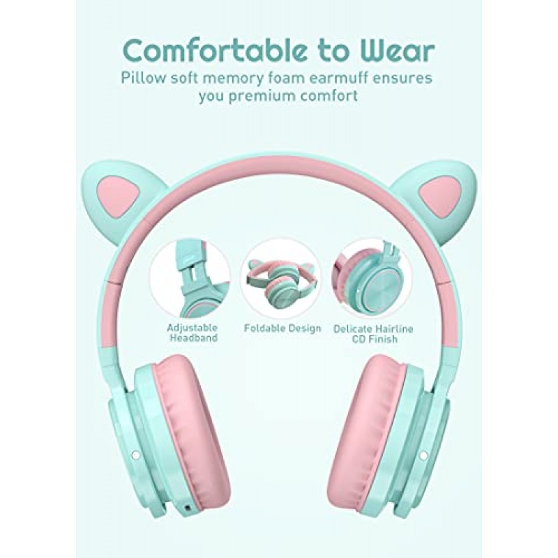 Picun Bluetooth 어린이용 고양이 귀 헤드폰, 소녀용 고양이 귀 포함, 무선 및 유선 85dB 볼륨 제한 헤드폰, 마이크 포함, 깜박이는 LED 내장, 학교 공부용 접이식, 가정 여행용 - 퍼플 핑크