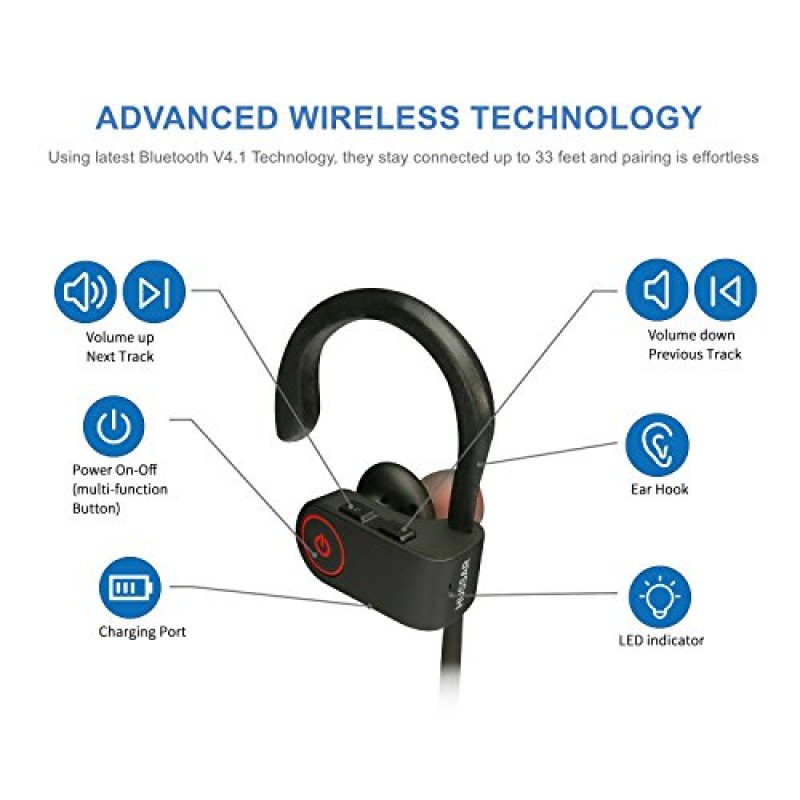 Bluetooth 헤드폰, Hussar Magicbuds 마이크가 포함된 최고의 무선 스포츠 이어폰, IPX7 방수, 베이스가 포함된 HD 사운드, 소음 제거, 안전한 핏, 최대 9시간 작업 시간(업그레이드), 검정색