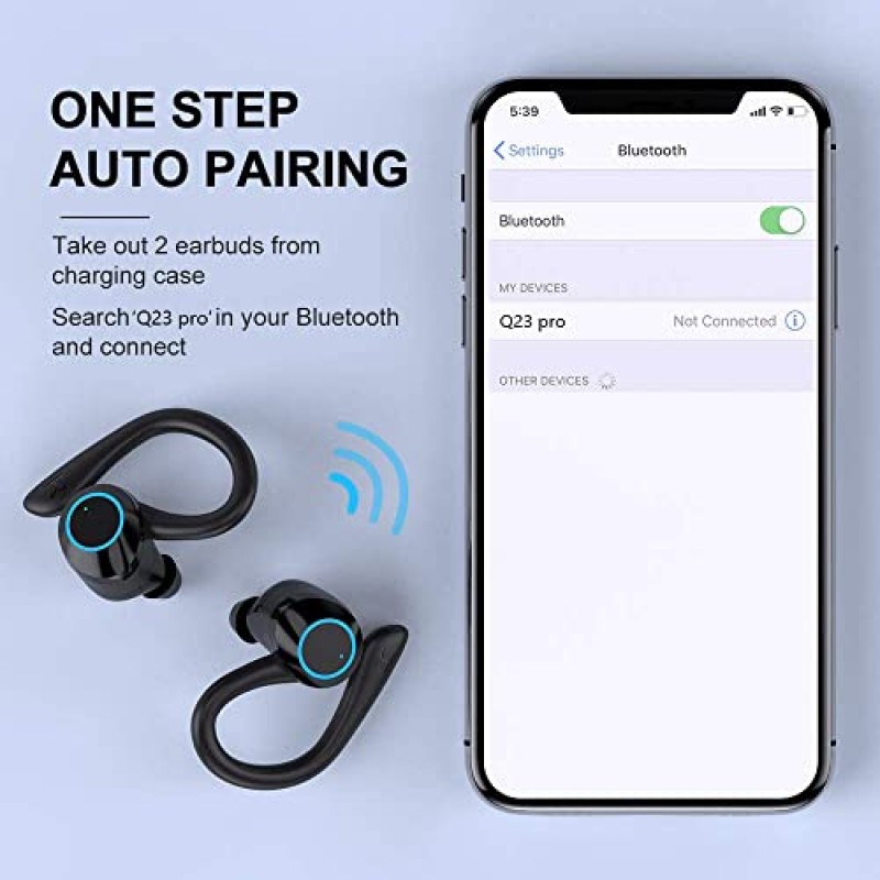 REGOKI 무선 이어버드, 귀고리가 있는 경량 Bluetooth 5.1 헤드폰, 달리기용 스포츠 헤드폰, Bluetooth 이어폰 소음 차단 깊은 베이스, IP7 방수 헤드셋(검은색)