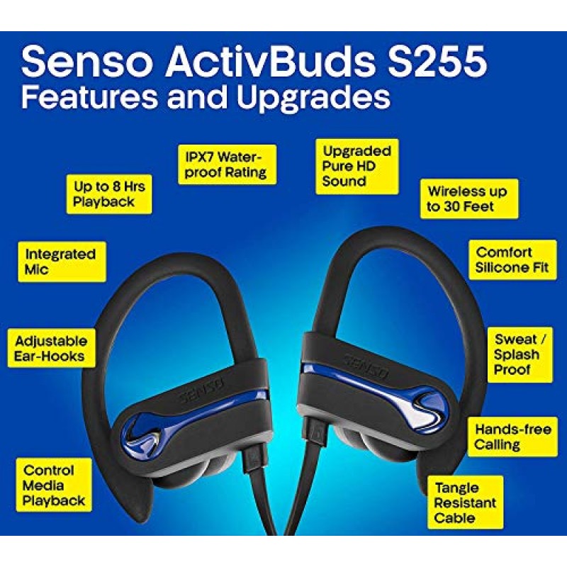 SENSO Bluetooth 무선 헤드폰, 최고의 스포츠 이어폰(마이크 포함) IPX7 방수 HD 스테레오 땀 방지 이어버드(체육관 달리기 운동용) 8시간 배터리 소음 차단 헤드셋 무선 힙폰 - 블루