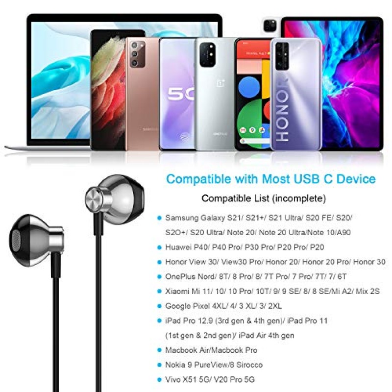 ACAGET USB C 헤드폰(iPhone 15 Pro Max) 삼성 S23 FE S22 Ultra S21 Plus 이어버드 유선 USB 유형 C 이어폰 갤럭시 A54 Z 플립 5 탭 S9 그레이용 마이크 헤드폰이 있는 Hifi 스테레오 디지털 DAC 헤드셋