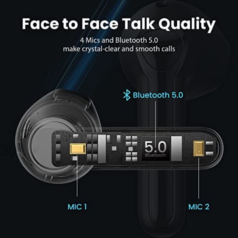 무선 이어버드 Bluetooth 5.0 TRUEFREE A1 헤드폰 마이크 4개가 장착된 무선 이어폰, 14.2mm 드라이버의 몰입형 스테레오 사운드, 선명한 통화를 위한 ENC, USB-C 충전, 18시간 재생, 싱글/트윈 모드