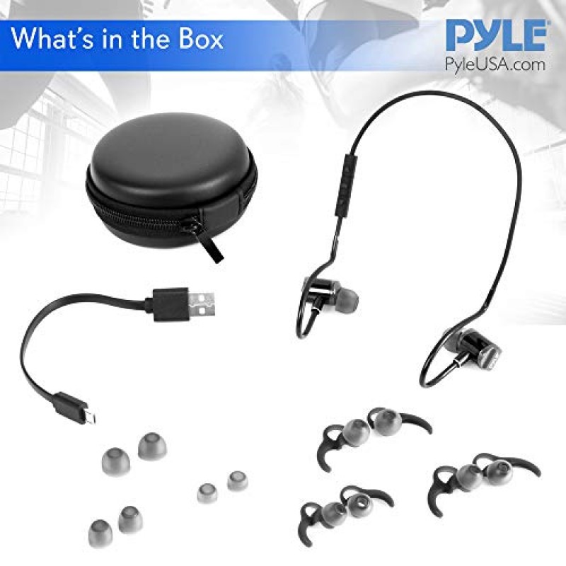 Pyle in Ear 무선 Bluetooth 헤드폰 - 방수 검정색 무선 스포츠 이어버드 헤드셋 이어폰, 이어버드 무선 헤드폰(오디오 비디오용 마이크 포함) 러닝 체육관 운동 게임 PSWPHP43