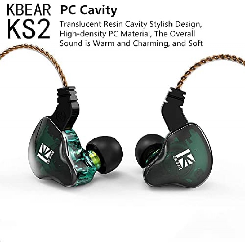 H HIFIHEAR KBEAR KS2 이어폰형 모니터, 1BA 1DD 스테레오 이어폰형 헤드폰, IEM HiFi 오버이어 이어버드 헤드셋 소음 차단 하이브리드 이어폰(러닝 워킹용 탈착식 케이블 포함)(마이크 없음, KS2 청록색)