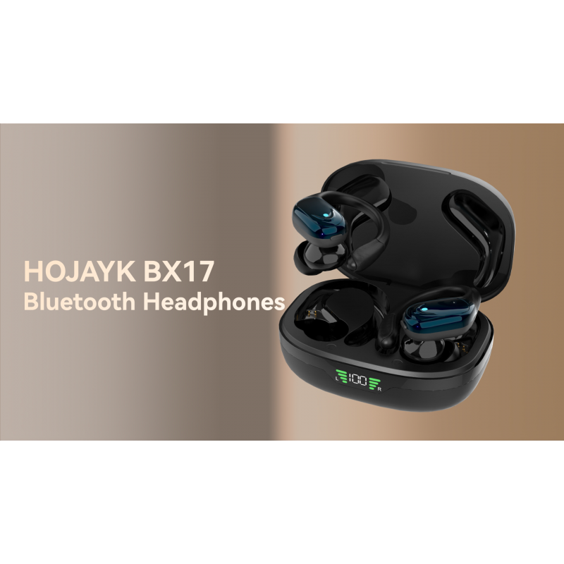 HOJAYK Bluetooth 헤드폰 60시간 재생, LED 배터리 디스플레이가 탑재된 소음 차단 무선 이어버드 무선 충전 케이스 및 스포츠 러닝용 오버이어 방수 헤드폰 - 블랙