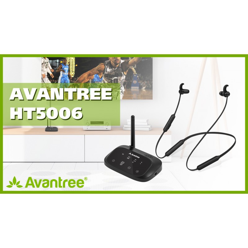 Avantree HT5006 TV 청취용 무선 이어버드, 패스스루 지원, 광학 디지털용 Bluetooth 송신기가 포함된 20시간 넥밴드 헤드폰, RCA, 3.5mm AUX TV, 플러그 앤 플레이, 오디오 지연 없음