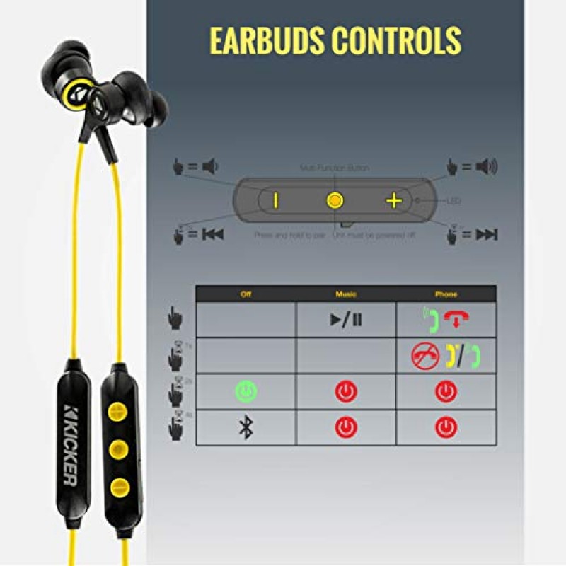 KICKER 블루투스 무선 이어버드 | 수동 소음 감소 헤드폰 이어버드(다기능 버튼 볼륨 조절 기능이 있는 내장 마이크 포함) | 땀과 물에 강한