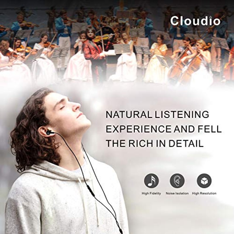 Cloudio D-Cube 고음질 고해상도 이어폰 듀얼 드라이버 하이브리드 인이어 헤드폰 자연 사운드, 엑스트라 베이스 다이브 트레블 확장, 소음 제거, 마이크 및 리모콘, 케이스를 갖춘 음악 이어버드