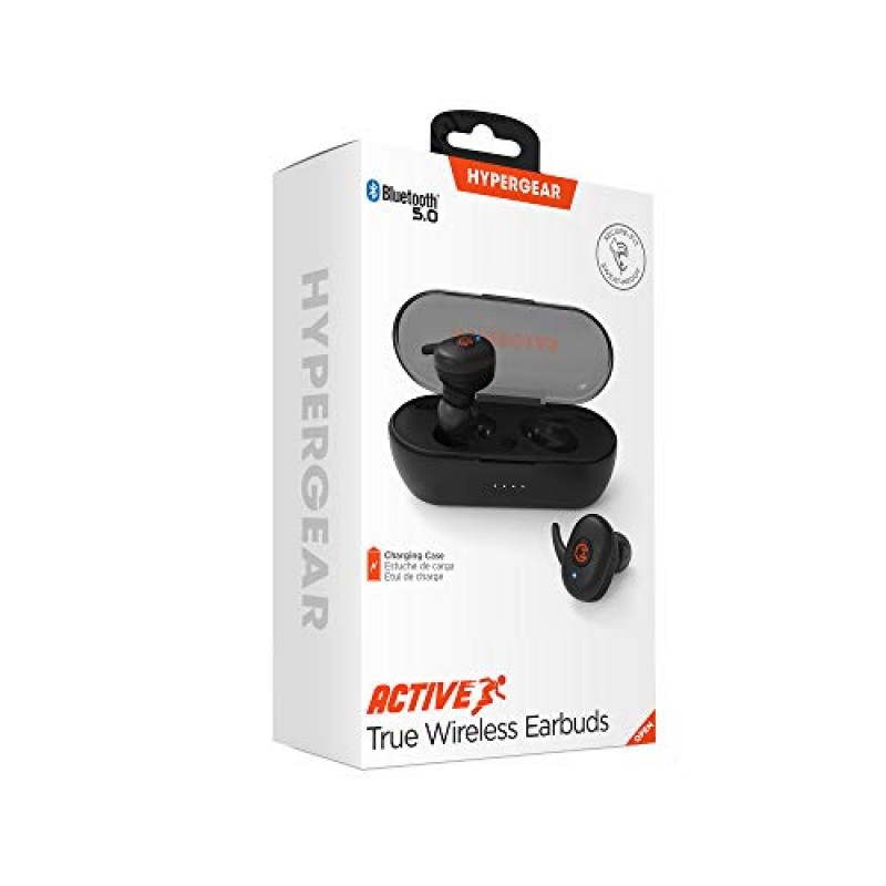 HyperGear Active True Wireless Bluetooth 이어버드 + 휴대용 포켓 크기 충전 케이스 [빠른 페어링] 소음 제거 마이크, 내장 터치 컨트롤, HD 스테레오 사운드, IPX5 방수(블랙) 14316