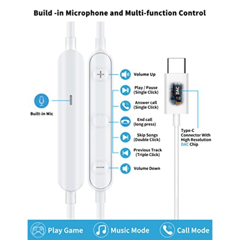 삼성 S23 S22 S21 S20 A53 A54 유선 이어버드용 USB C 헤드폰 마이크 볼륨 조절 기능이 있는 자기 이어폰형 C 이어폰 베이스 스테레오 소음 차단 Galaxy Flip 5 Fold 4 Pixel 6 6a 7a OnePlus