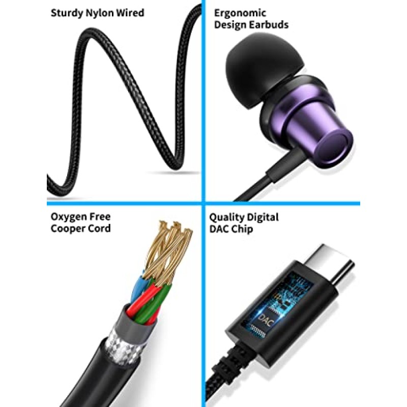 USB C 헤드폰 유형 C 이어폰(마이크 포함) iPhone 15 Pro Max용 유선 이어버드 Samsung A53 A54 S23 FE 소음 차단 Google Pixel 7a 7 6 6a 8 5 Galaxy S22 S21용 HiFi 저음 유선 이어폰 헤드셋