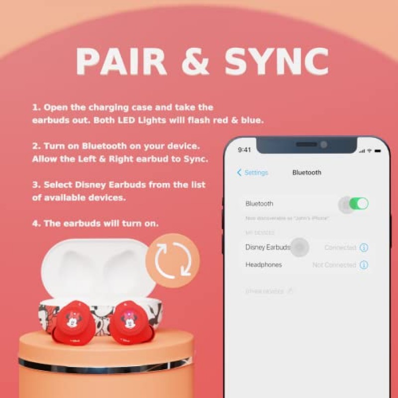 충전 케이스가 포함된 디즈니 미니 마우스 Bluetooth 이어버드 - 마이크가 내장되어 있고 30시간 재생이 가능한 Bluetooth 무선 헤드셋 - 모든 연령대의 여성과 남성을 위한 디즈니랜드 필수품 및 디즈니 선물