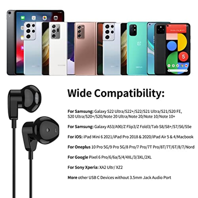 iPhone 15 Pro Max Plus용 USB C 헤드폰 Samsung S22 S23 Ultra S20 S21 FE Note 20 Ultra 10 Plus A54 A53,HiFi 스테레오 USB 유형 C 이어폰 Google Pixel,OnePlus,Huawei용 마이크 베이스가 있는 유선 이어버드