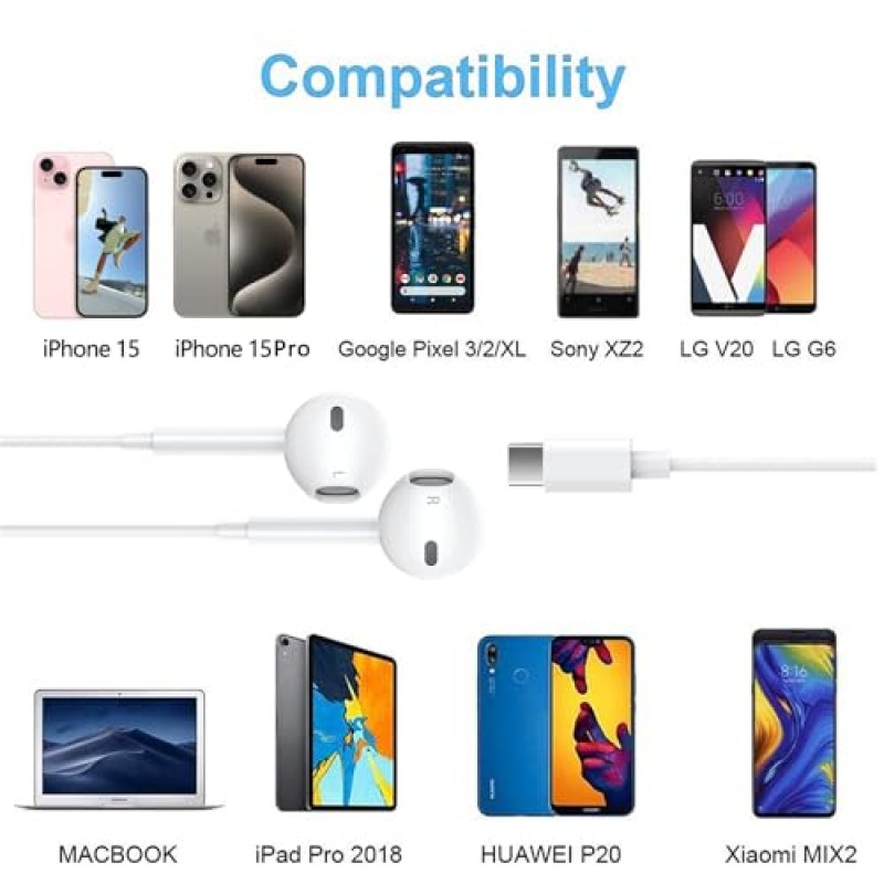 2팩 USB C 헤드폰, iPhone 15 Pro용 마이크 및 원격 소음 차단 이어폰 헤드셋 컨트롤이 포함된 Type C 이어폰 이어폰 Samsung Galaxy S23/S22/S21/S20, Note 20, Google Pixel 7/6/6a/5/ 4