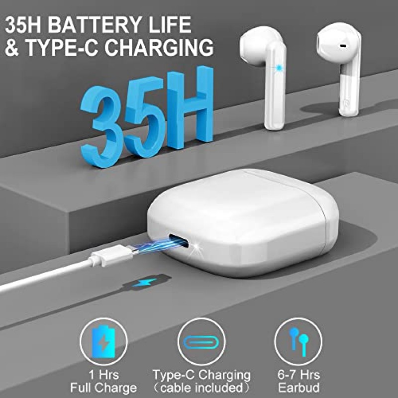 무선 이어버드, Bluetooth 5.3 헤드폰(ENC 마이크 4개 포함), 2023 Bluetooth 이어버드 귀 속 깊은 베이스 무선 이어폰 소음 차단 무선 헤드폰 iOS용 IP7 방수 이어버드 Android USB-C