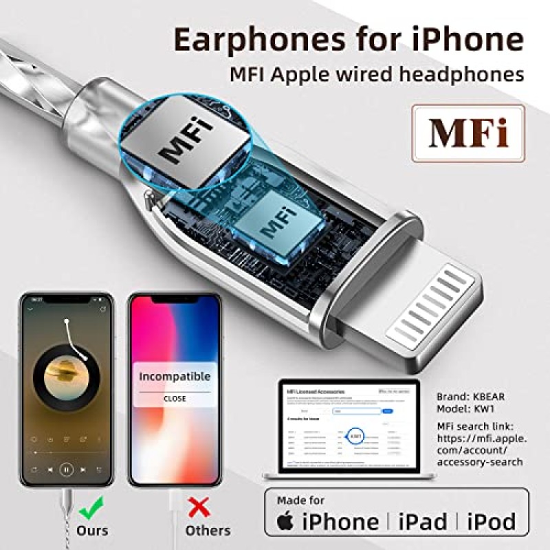 라이트닝 커넥터가 포함된 KBEAR 목재 iPhone 헤드폰 이어버드 이어폰, [Apple MFi 인증] 마이크 컨트롤러가 포함된 iPhone용 라이트닝 헤드폰, 모든 Apple 장치와 호환 가능 블랙