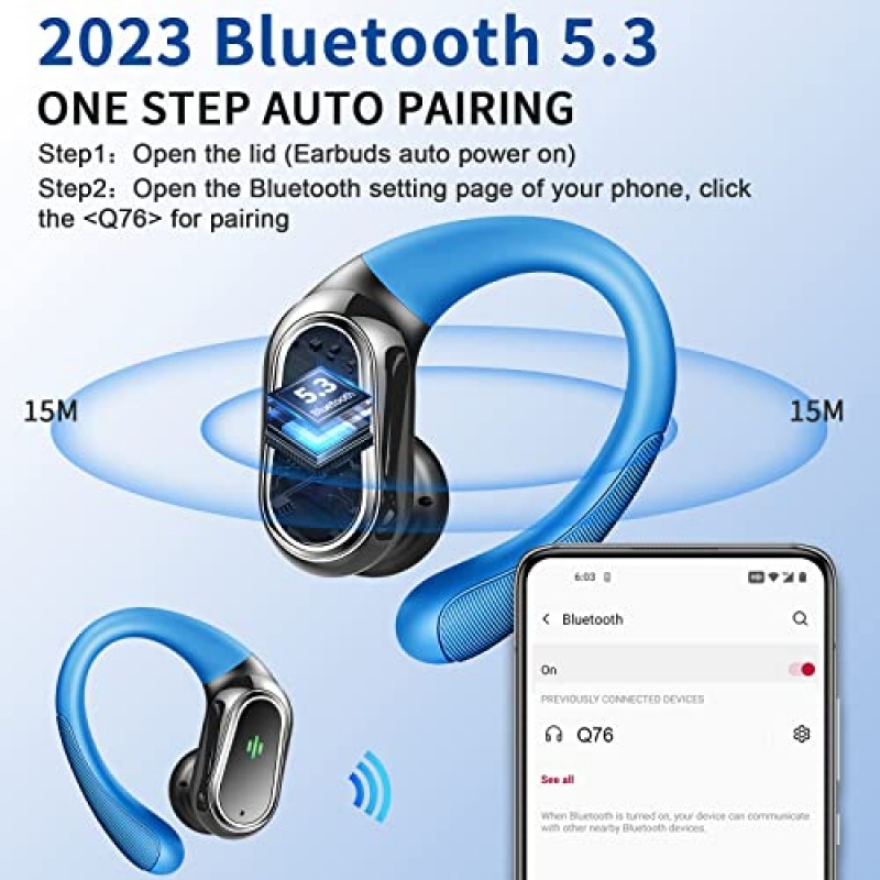 무선 이어버드 헤드폰 Bluetooth 5.3, 이어 버드를 통한 50H 재생 시간 소음 제거 마이크, LED 디스플레이, 스테레오 베이스 귀고리 포함 Bluetooth 이어버드, 스포츠 운동용 IP7 방수 이어폰 블루