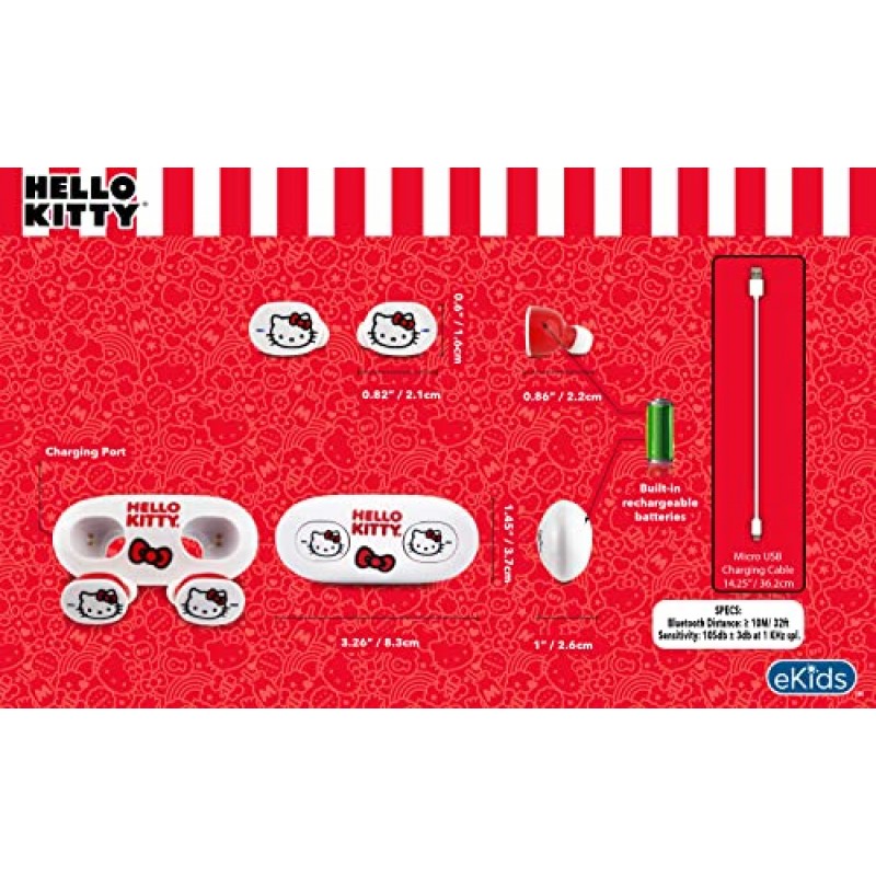 eKids 헬로 키티 블루투스 이어버드(마이크 포함), 어린이용 무선 이어버드(이어버드용 충전 케이스 포함), 헬로 키티 선물 및 상품 팬용