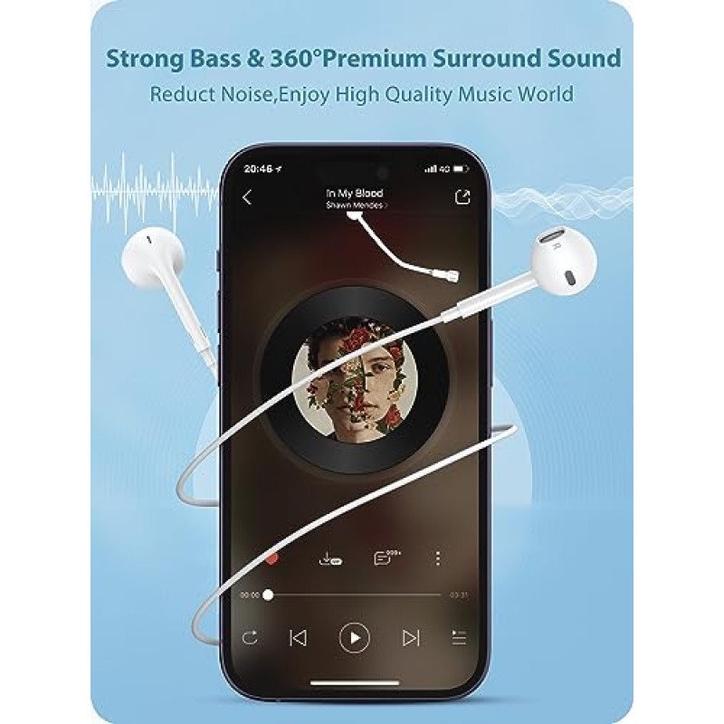 2 팩 - 라이트닝 커넥터가 있는 iPhone 이어버드[블루투스 불필요] iPhone 헤드폰 유선 [MFi 인증] 내장 마이크 및 볼륨 조절 장치, 유선 이어폰 iPhone 14/13/12/SE/11/X와 호환 가능