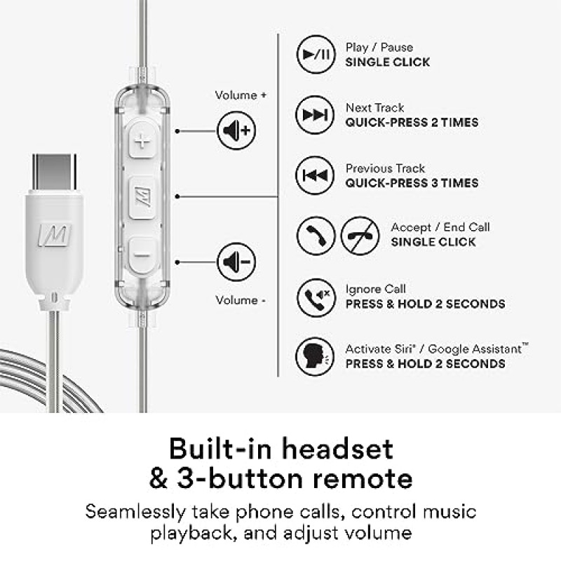 MEE audio M6 스포츠 USB-C 유선 이어버드(메모리 와이어 이어후크 포함), USB Type C 헤드셋(마이크 및 3버튼 리모콘 포함), 러닝/체육관/운동용 헤드폰 소음 차단, 투명