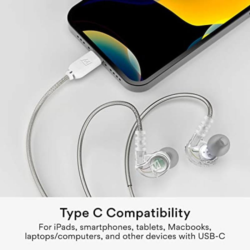 MEE audio M6 스포츠 USB-C 유선 이어버드(메모리 와이어 이어후크 포함), USB Type C 헤드셋(마이크 및 3버튼 리모콘 포함), 러닝/체육관/운동용 헤드폰 소음 차단, 투명